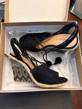 Indigo Black Suede Peep-Toe Wedge Sandals with Beaded Espadrille Heel